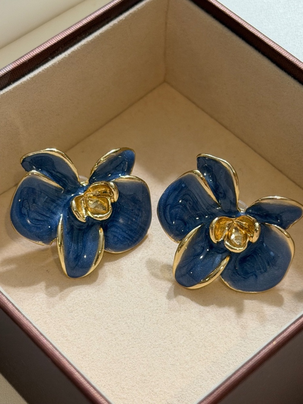 Vintage Golden Blue Enamel Butterfly Orchid Flower Statement Earrings.